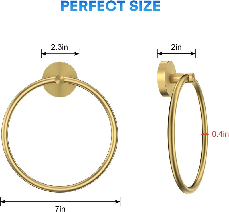 EZKEY Hand Towel Holder Screw-in Gold Towel Ring for Bathroom Wall Stainless Steel Towel Hanger Round Towel Racks for Bathroom Decor and Accessories, 2 Packs - Image 2